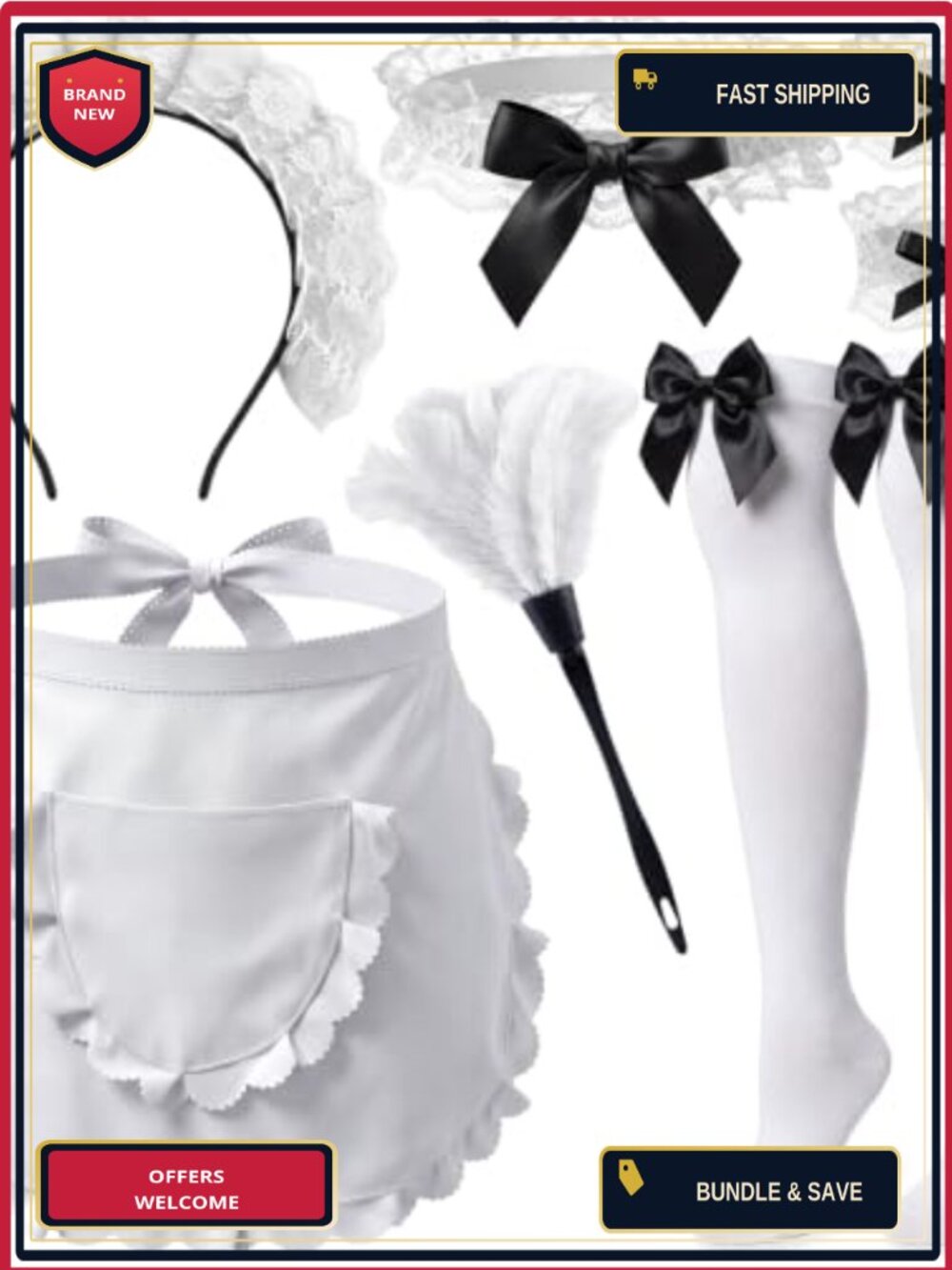 French Maid Costume Accessory Set Lace Apron Choker Wrist Cuffs Thigh Highs